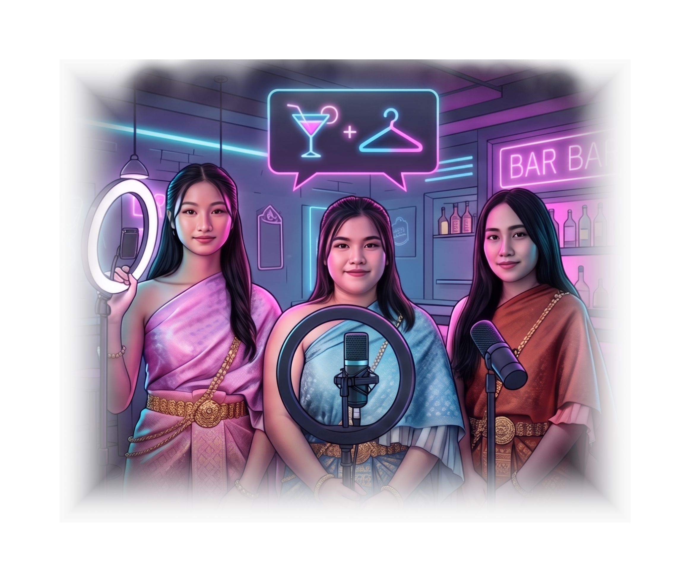 Drei Bar-Streamerinnen mit Drink- und Cosplay-Icons in Neon-Bar
